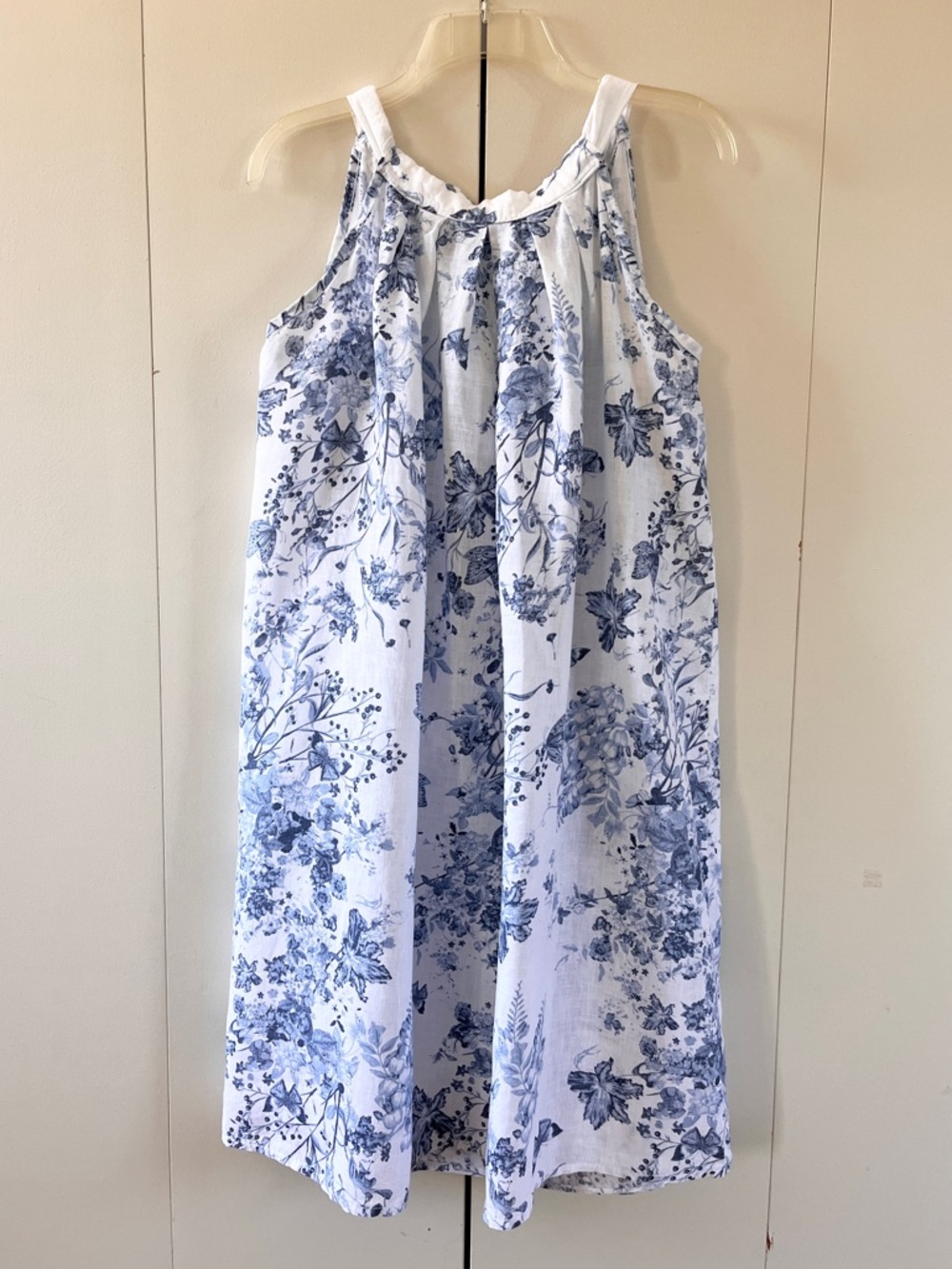 Linen Blue Toile Floral Shift Halter Trapeze Dress Butterfly Bellambra Italy L